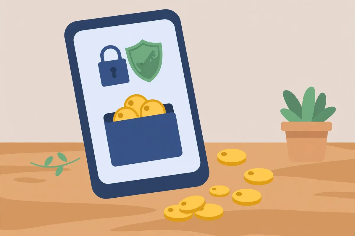 A smartphone showing a private wallet app with a padlock and shield icon beside coins on a desk.
